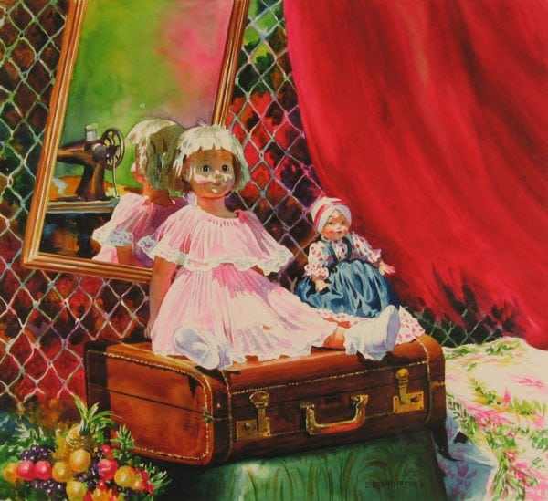 doll on a suitcase painting watercolor