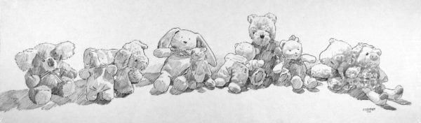 illustration of stuffed toys by Chris Soentpiet