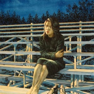 watercolor painting of a young girl on bleachers