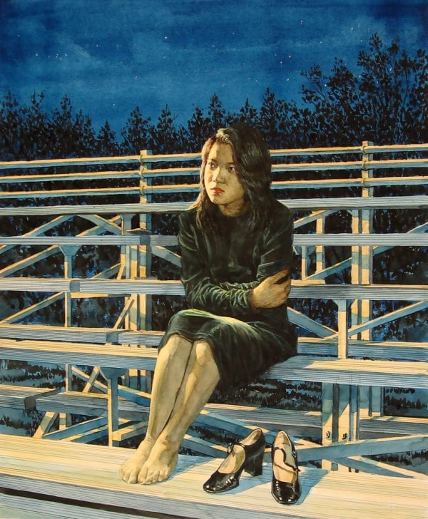 watercolor painting of a young girl on bleachers